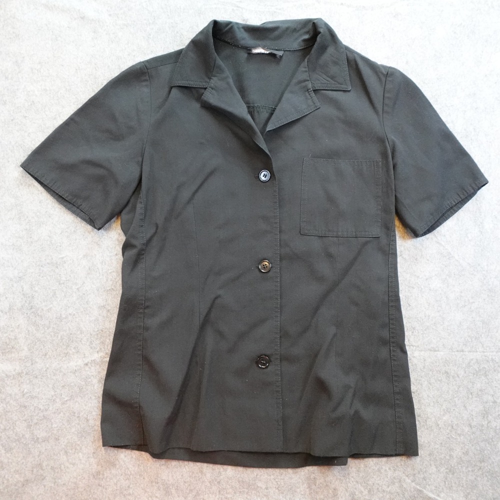 Halston Top Women Medium Black Vintage Rayon Short Sleeve Button Up Camp Collar